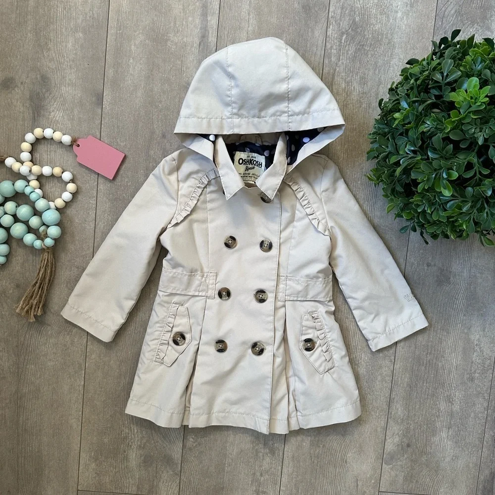 Oshkosh B'Gosh Polka Dot Hooded Double Breasted Beige Trench Coat Size 18M Girl